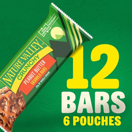 Vista 3 de Nature Valley - Barras de granola crujientes, mantequilla de maní, 12 unidades, 8.94 onzas (6 sobres) Avena integral con mantequilla de maní