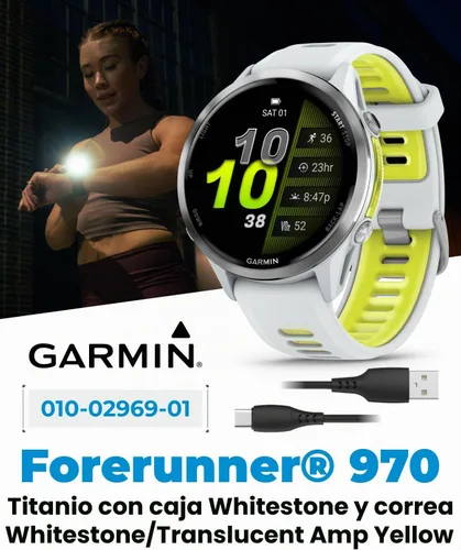 Vista 5 de Garmin Forerunner 955, reloj inteligente para correr con GPS, adaptado a triatletas, batería de larga duración, Whitestone con auriculares blancos