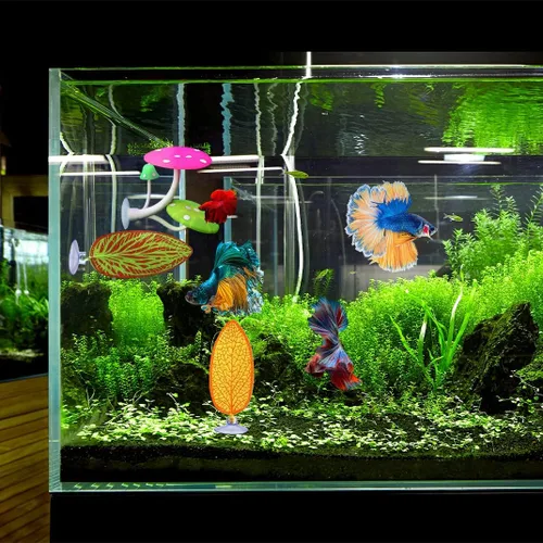 Vista 7 de Hamaca de hongos Betta + almohadillas de hojas para pecera, silicona suave, almohadillas de juego de peces de acuario con ventosa, adorno