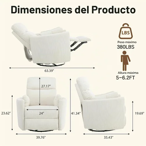 Vista 2 de Mecedora de gran tamaño con USB, 2 almohadas, color crema Blanco crema