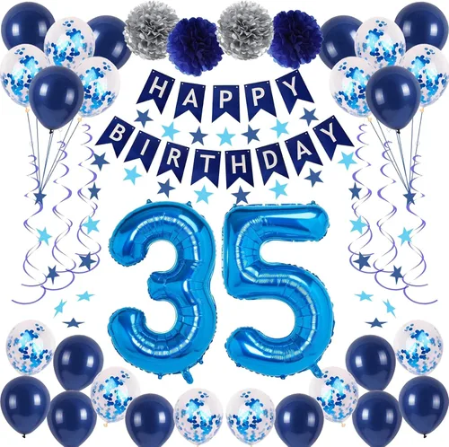 Vista 10 de Decoraciones de fiesta de cumpleaños azul número 29 para hombres y mujeres, suministros de globos de feliz cumpleaños 29 con pancarta de feliz