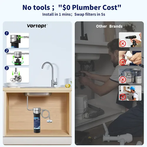 Vista 6 de Vortopt Q1 - Sistema de filtro de agua para debajo del fregadero, reduce el cloro, el plomo, el mal sabor y el olor, filtro de agua para debajo