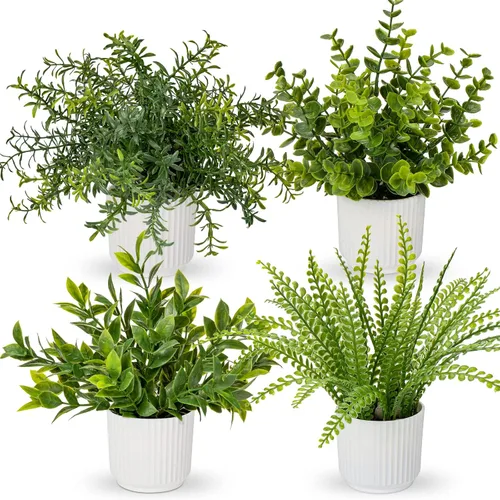 Vista 9 de Hollyone Paquete de 3 plantas artificiales en macetas, plantas artificiales pequeñas de eucalipto, romero, helecho boston, vegetación, decoración
