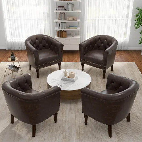 Vista 38 de Pia Ricco Silla de Acento Tipo Barril de Cuero Sintético, Silla de Club Moderna con Brazos, Cómoda Silla Individual Tapizada con Patas de Madera