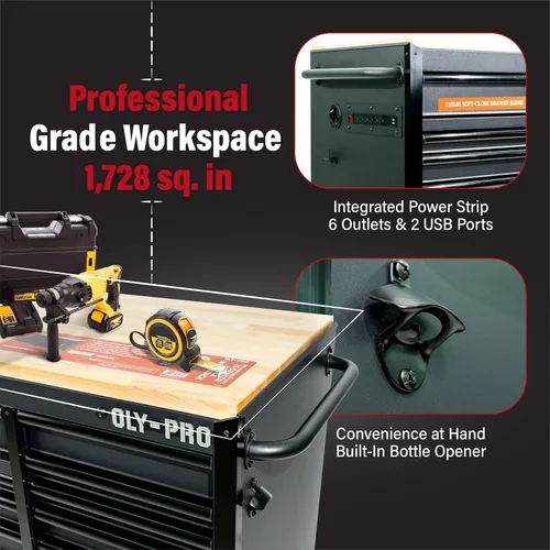 Vista 6 de Olympia Tools Caja de herramientas móvil resistente de 72 pulgadas, con banco de trabajo superior de madera maciza, baúl de herramientas con ruedas