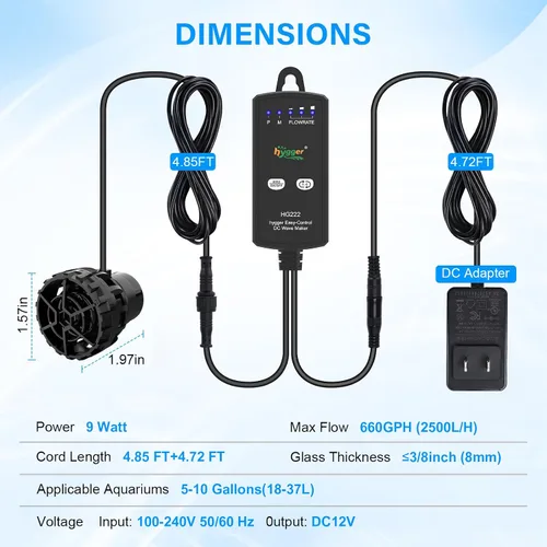 Vista 7 de hygger Fabricante de ondas para acuario para tanques de peces de 5-10 galones, cabezas de alimentación DC ajustables para acuario con controlador