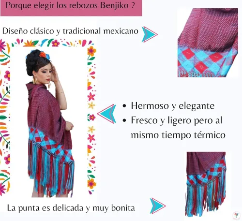 Vista 7 de Chal mexicano Benjko, rebozo reboso para eventos mexicanos, Multicolor