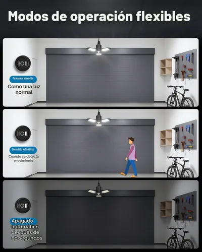 Vista 3 de toberich Luz de garaje con sensor de movimiento, luz de taller con sensor de movimiento de 8000 lm con 3 modos de interruptor, bombilla activada por