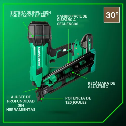 Vista 3 de Metabo HPT Kit de Clavadora de Marcos Inalámbrica MultiVolt de 18V de 30° con Cinta de Papel, Clavadora de Marcos de 3-1/2", Herramienta Eléctrica