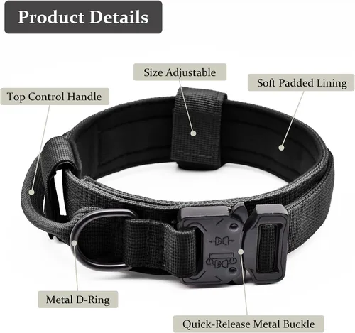 Vista 2 de Collar táctico para perro, collar ajustable de nailon para entrenamiento militar con mango de control y hebilla metálica de liberación rápida pesada