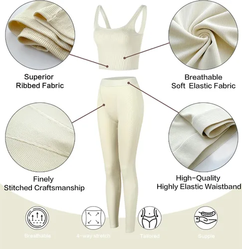 Vista 5 de Conjunto deportivo de 2 piezas para mujer, camiseta sin mangas de punto acanalado para yoga, leggings de cintura alta, conjuntos de ropa deportiva