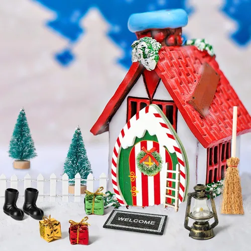 Vista 6 de Haooryx Miniaturas de jardín de elfos de Navidad, 16 piezas de madera de Navidad en miniatura mágicas de hadas, kit de decoración de puerta mágica