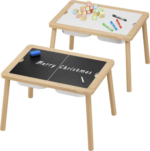 Vista 6 de Ogears Mesa sensorial, mesa de actividades para niños, mesa de juego de madera con contenedores, mesa Montessori, pizarra de tiza y pizarra blanca