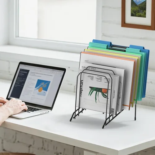 Vista 4 de Organizador de archivos de escritorio con clasificación inclinada, soporte de metal para carpetas de revistas con compartimentos verticales de 8