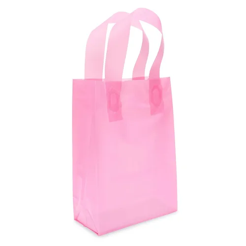 Vista 8 de Prime Line Packaging Bolsas de regalo rosadas, bolsas de tote de plástico esmerilado con asas para pequeñas empresas, golosinas, compras, cumpleaños