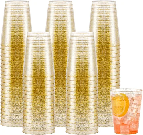 Vista 14 de Supernal 100 piezas de vasos de plástico azules, vasos desechables transparentes azules claros de 10 onzas con borde dorado, vasos de plástico