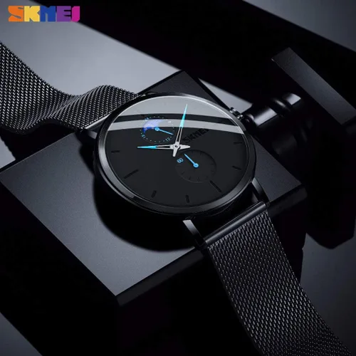 Vista 3 de SKMEI Black Watches for Men Fashion Minimalist Waterproof Ultra-Thin Analog Quartz Moon Phase Stainless Steel Mesh Band Wristwatch for Men