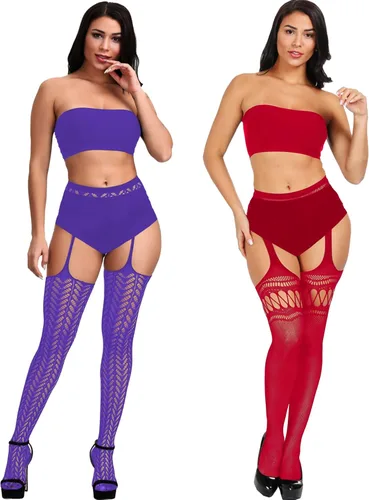 Vista 3 de Justay 6 Pairs Womens Fishnet Thigh High Stockings High Waist Fishnet Stockings Suspender Pantyhose Stockings for Women