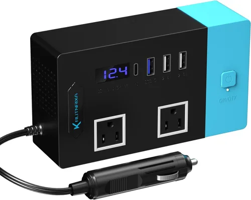 Vista 8 de Inversores de corriente de 300 W, convertidor de 12 V CC a 110 V CA para vehículos, 2 salidas de CA, 1 USB 2.4 A, 1 USB-C de 25 W, 2 adaptadores