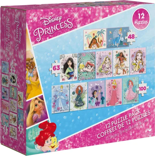 Vista 4 de Spin Master Games, Disney Princess - Paquete de 12 rompecabezas de Moana, Ariel, Mulan, Cenicienta y más, con rompecabezas de Disney de 48 piezas