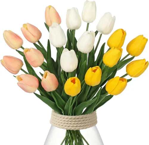 Vista 15 de 24 tulipanes rosas – Flores artificiales – Tulipanes artificiales de 13.5 pulgadas para el día de la madre, jarrón, centros de mesa, hogar, ramo