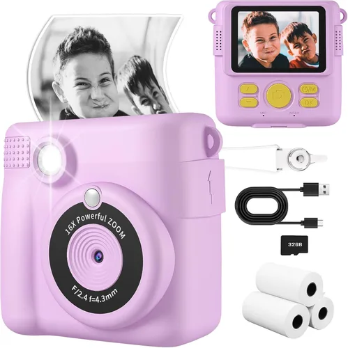 Vista 10 de Cámara para niños con impresión instantánea, cámara segura para niños pequeños, pantalla de 2.4 pulgadas, 1080P con zoom 16X, tarjeta TF de 32GB