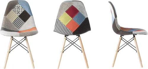 Vista 4 de Silla de comedor moderna de mediados de siglo tapizada de plástico multicolor Patchwork DSW Shell con patas Eiffel de clavija de madera