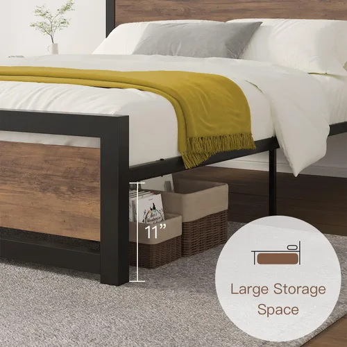Vista 5 de ikalido Base de cama de plataforma de metal completo con cabecero y estribo de madera, soportes fuertes de metal resistente, base de colchón,