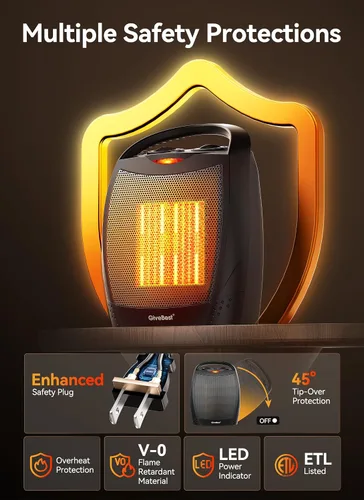 Vista 5 de Calentador ambiental portátil eléctrico, calentador de cerámica con termostato de 1500 W/750 W, calienta hasta 200 pies cuadrados en minutos, seguro