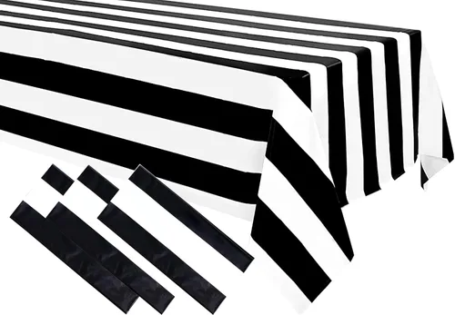 Vista 8 de 1 mantel a rayas blancas y negras de plástico impermeable de 54 x 108 pulgadas, fundas de mesa geométricas a rayas para comedor, campamento, picnic