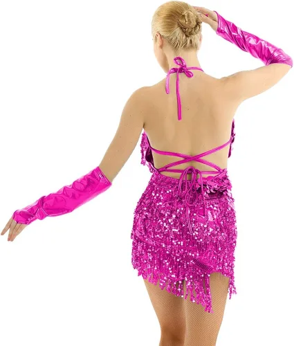 Vista 4 de YiZYiF Vestido de baile con cuello halter latino, salsa de tango, bailes y lentejuelas