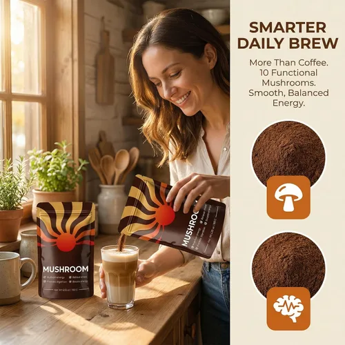 Vista 4 de Café de hongos – Mezcla de café de hongos con 10 hongos + colágeno – Mezcla de café instantáneo orgánico para energía equilibrada, concentración