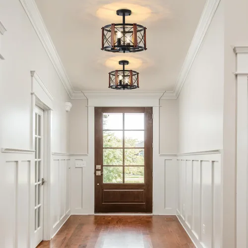 Vista 2 de Lámpara de techo semiempotrada rústica de 4 luces, 12.57 pulgadas, moderna, para entrada, pasillo, lámpara de cocina con tambor de madera de roble