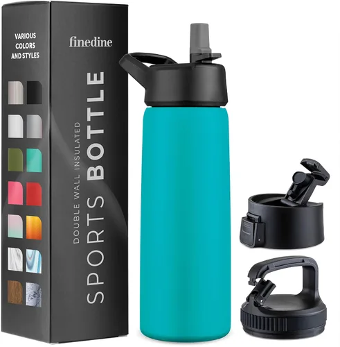 Vista 20 de FineDine Botellas de agua aisladas de triple pared con popote, botella de metal de acero inoxidable de 25 onzas con 3 tapas a prueba de fugas