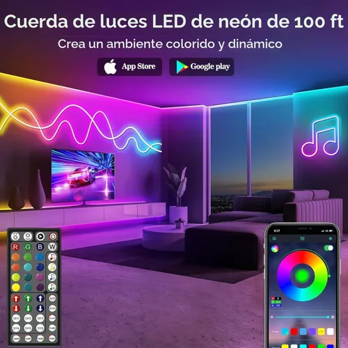 Vista 2 de Tira de luces de neón de 100 pies, cuerda de luces LED flexible con control por aplicación/control remoto, múltiples modos de luces, luces de neón