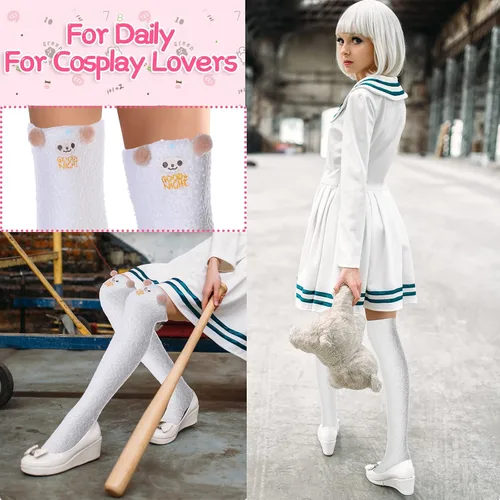 Vista 3 de 4 pares de calcetines peludos hasta el muslo para mujer, lindas medias de dibujos animados por encima de la rodilla, esponjosas, con rayas Kawaii