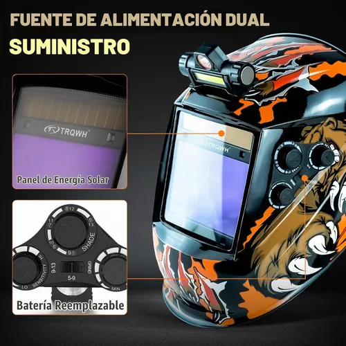 Vista 5 de TRQWH - Casco de soldadura con visión grande, oscurecimiento automático, con luz LED