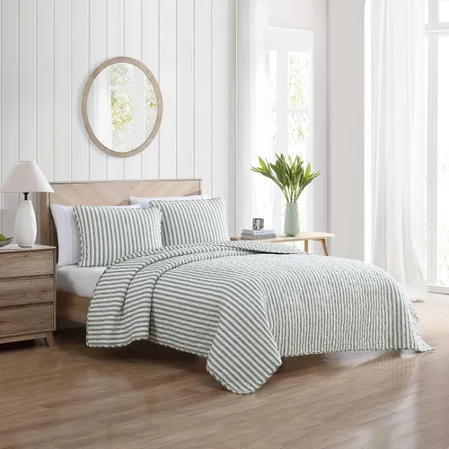 Vista 2 de Stone Cottage - Juego de edredón de tamaño individual, ropa de cama reversible de algodón con fundas de almohada a juego, juego de cama ideal a Verde