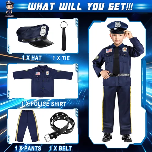 Vista 2 de Disfraz de oficial de policía para niños, uniforme de policía para niños, disfraces de Halloween para niños y niñas, disfraz de policía, kit