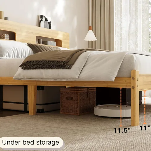 Vista 7 de Base de cama de tamaño matrimonial de 14 pulgadas de bambú con cabecera de almacenamiento, marcos de cama sólidos, soporte de listones de metal