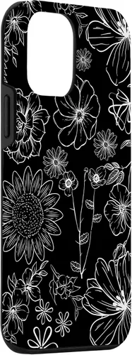 Vista 3 de iPhone 12 Mini - Funda floral de primavera con patrón de flores silvestres en blanco y negro