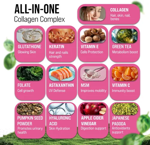 Vista 4 de Colágeno para mujeres – Péptidos de multicolágeno hidrolizados tipo I, II, III, V y X – Suplemento de colágeno con vitamina C, biotina y ácido