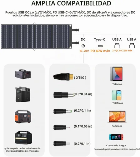 Vista 4 de Panel solar portátil, LUMOPAL 60W plegable paneles solares cargador