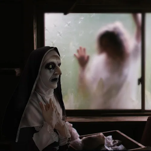 Vista 3 de Nueva máscara de monja 2023 - Máscaras aterradoras de Halloween para adultos con dijes de cruz B