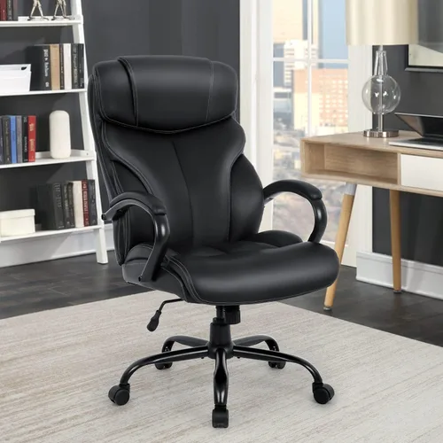Vista 2 de Silla de oficina grande y alta, asiento ancho de 500 libras, silla de escritorio con brazos de apoyo lumbar, respaldo alto, piel sintética, silla