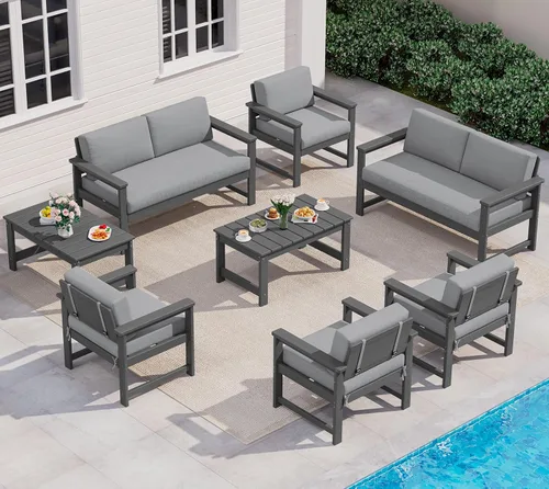 Vista 39 de SERWALL Juego de sofá de 2 piezas de sillón Adirondack acolchado de Marco negro/cojín gris