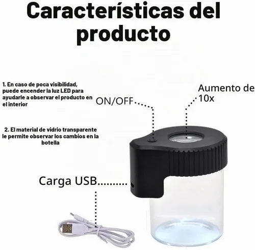 Vista 5 de Tarro de almacenamiento de vidrio transparente con sello LED, botella de vidrio ornamental con luz y aumento (Negro)
