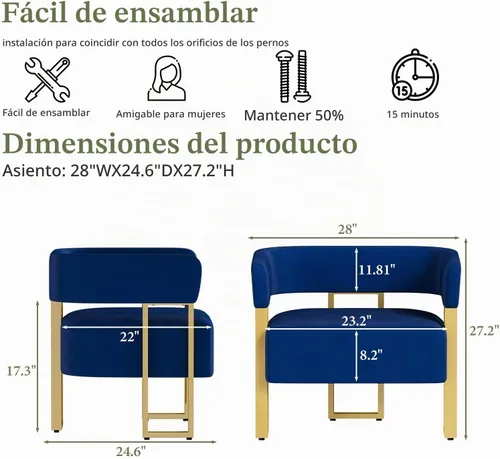 Vista 2 de Juego de 2 sillas decorativas de terciopelo azul marino, sillones de barril para sala de estar