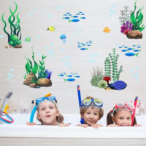 Vista 6 de Zonon Calcomanías de pared bajo el mar, arrecife de coral y algas marinas, calcomanías de pared de océano, calcomanías de decoración submarina