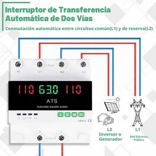 Vista 3 de Interruptor de transferencia automática/manual de 63A 110V, selector de fase de prioridad L1, pantalla LED, montaje en carril DIN, 50/60Hz, ATS